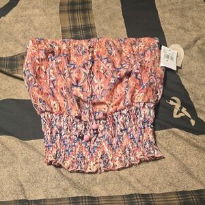 Self Esteem Pink Multicolor Smocked Strapless Crop Top